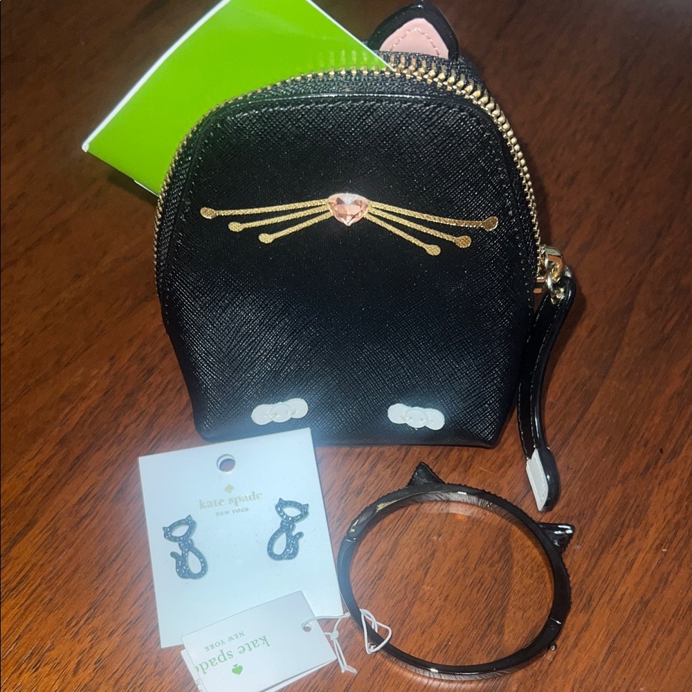 Kate Spade Black Cat Coin Purse with Gold Accents
